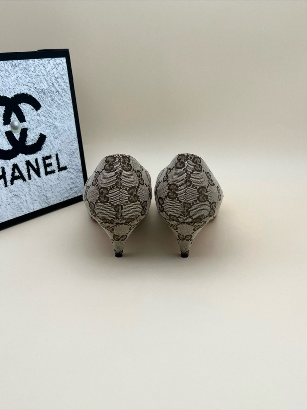 Gucci Beige GG Monogram Pointed Toe Low Kitten Heel Pumps with Gold Accents - Picture 3 of 6